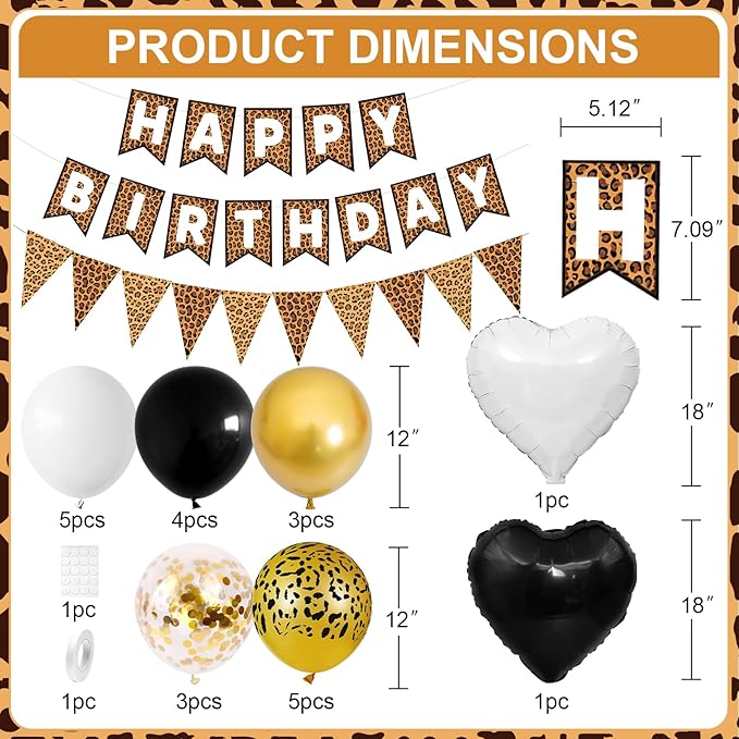 Leopard Print Happy Birthday Decorations, Gold Cheetah Print Animal Balloons Black White and Heart Balloons with Birthday Banner for Safari Wild Birthday Baby Shower Jungle Zoo Theme Party Supplies
