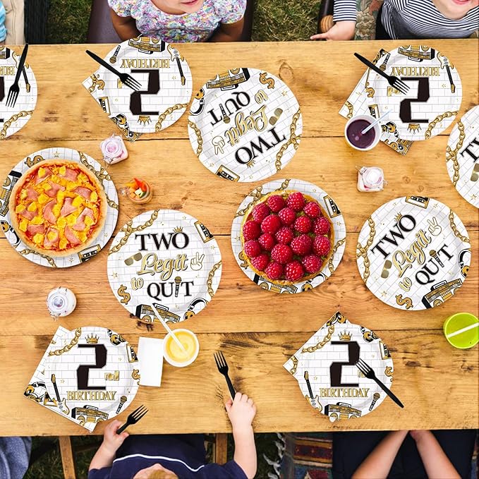 96Pcs Two Legit Quit Birthday Decorations Hip Hop 2nd Birthday Plates and Napkins Gold Black Rapper Theme Decorations for Kids Retro 90s Hiphop Two Years Old Bday Party Supplies Serves 24