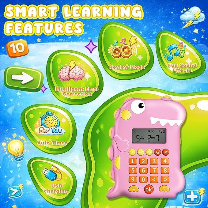Math Games for Kids Ages 5-12, Portable Kids Calculator Toy, Addition Subtraction Multiplication Division Practice, 4 Logic Modes, 100,000 Questions, Fun Educational Math Toy, Dinosaur Toy for Kids