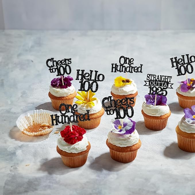 Ephlyn 24Pcs Happy 100th Birthday Cupcake Toppers Glitter Straight Outta 1925 Cupcake Picks Hello 100 Cheers to 100 Years Birthday Cake Decorations for 100th Birthday Anniversary Party Supplies Black