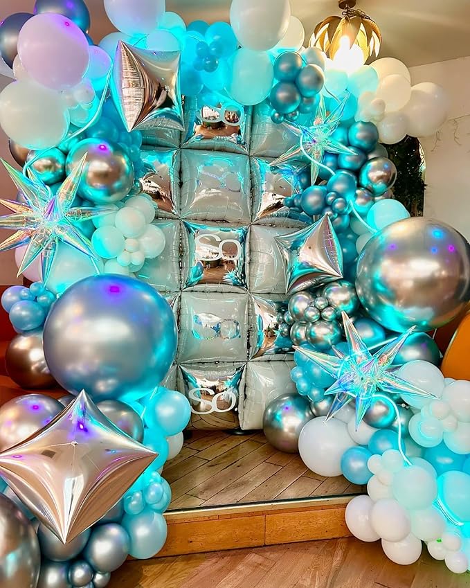 Silver White Square Foil Balloon Wall,25Pcs Double Sided Foil Balloons Backdrop Helium Tunnel Arch Garland Kit for Birthday Bridal Anniversary Baby Shower Winter Party Decorations