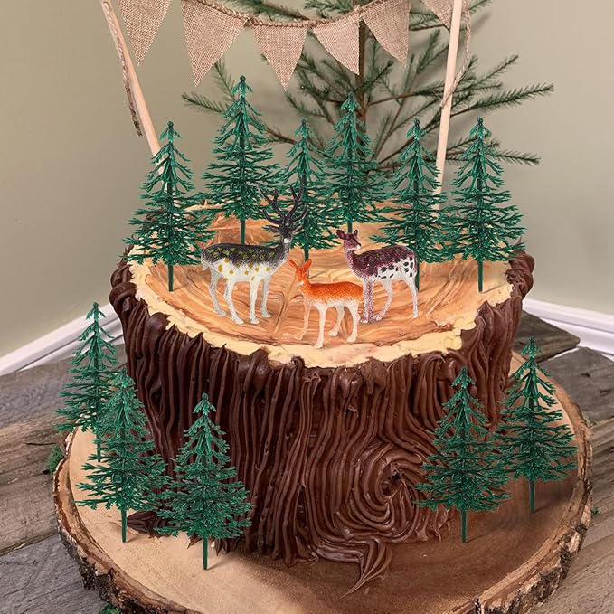 Hooqict 15Pcs Deer Christmas Tree Cake Topper with Tree Deer Figurines Hunting Cake Decorations for Winter Forest Woodland Birthday Party Supplies Animals Christmas Decorations