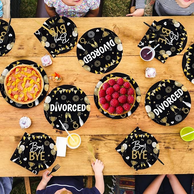 96Pcs Divorced Party Decorations We Never Liked Him Anyway Plates and Napkins Black Gold Divorced Disposable Paper Tableware Set for Women Men Break Up Divorce Party Supplies Serves 24