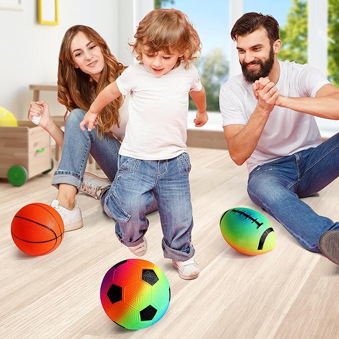 Small Sports Balls for Toddler Pack of 6, Easter Gifts for Kids, 2 Each of 5" Football, Basketball, Soccer for Playground, Toy Balls Inflatable Multi-Sport Ball Set with 1 Pump