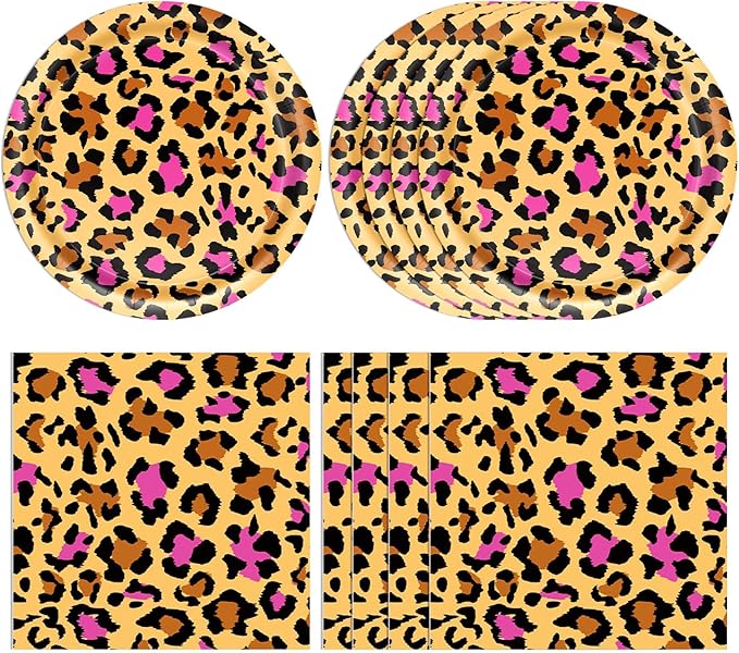 40 PCS Pink Cheetah Print Birthday Decorations Disposable Safari Animal Leopard Theme Tableware Set includes Cheetah Plates and Napkins for Leopard Wild Theme Party Supplies Serves 20 Guests
