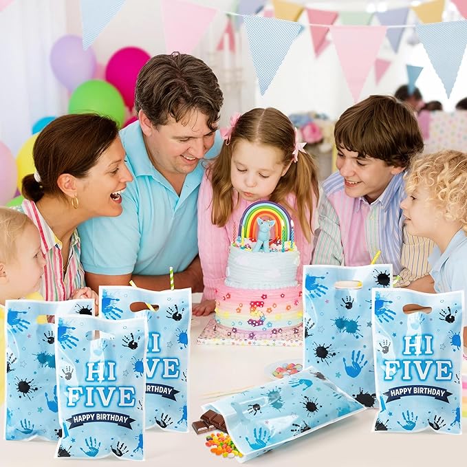 Hi Five Party Favor Bags - 50Pcs Blue High 5 Year Old Goody Candy Treat Gifts Bags 5th Birthday Painting Decorations for Boys Girls Kids Five Years Old Birthday Baby Shower Supplies