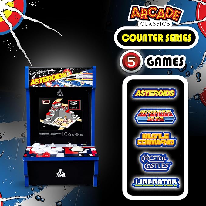 Arcade Classics - Atari Asteroids Counter Series Game Machine, 5 Games, 8" Liquid Crystal Screen - Mini Cabinet, Portable Gaming, Retro, Countertop Console, Basement Decoration, Man Cave