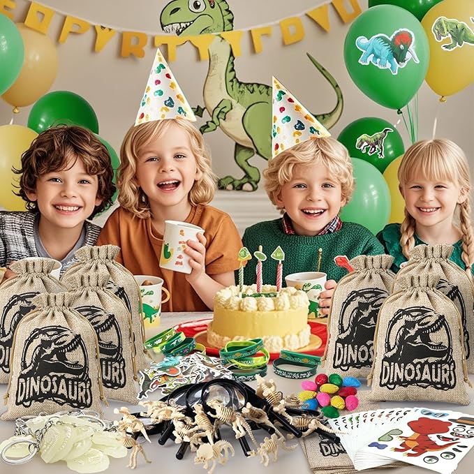 12 Sets Dinosaur Party Favors for Kids Birthday, Magnifying Glasses Luminous Keyring Dino Egg Sticker Dino Party Supplies with Skeleton Toy Silicone Bracelet Gift Bag Dino Theme Stuffer Fillers