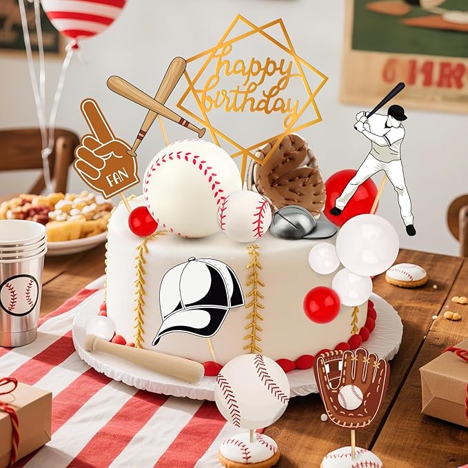 Hooqict 23Pcs Baseball Cake Decorations Set with Mini Baseballs, Player, Caps, Gloves, Bats, Happy Birthday Cake Toppers & Cupcake Toppers for Sports Theme Birthday Party Decor Supplies