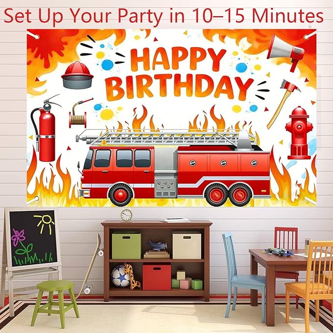 Fire Truck Birthday Party Decorations Kit – Firefighter Party Supplies with Happy Birthday Backdrop, Table Cover, Cake Toppers and Foil & Colorful Balloons for Kids Rescue Theme Party