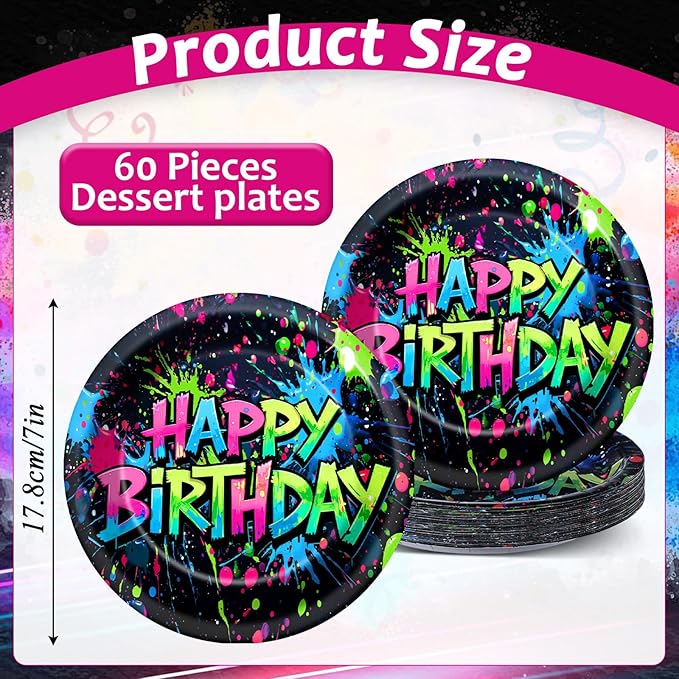 60PCS Neon Birthday Party Plates Glow Happy Birthday Party Supplies 7Inch Neon Dessert Plates Tableware Supplies Disposable Glow in the Dark Colorful Graffiti Dinnerware for K-Pop Parties Favors