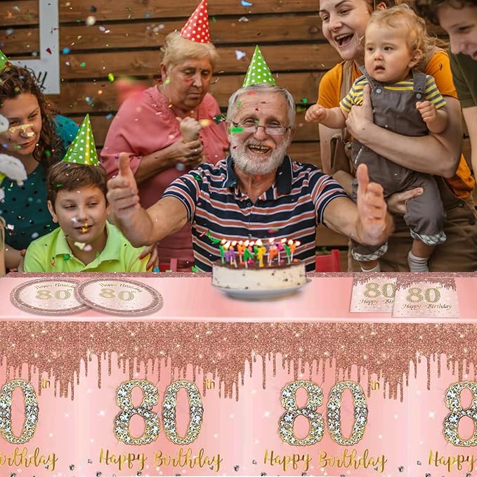 41PCS 80th Birthday Decoration for Women Rose Gold 80 Years Birthday Paper Plates and Napkins Set 80th Birthday Tablecloth for 1946 Decor Cheers to 80 Years Old Birthday Party Favors