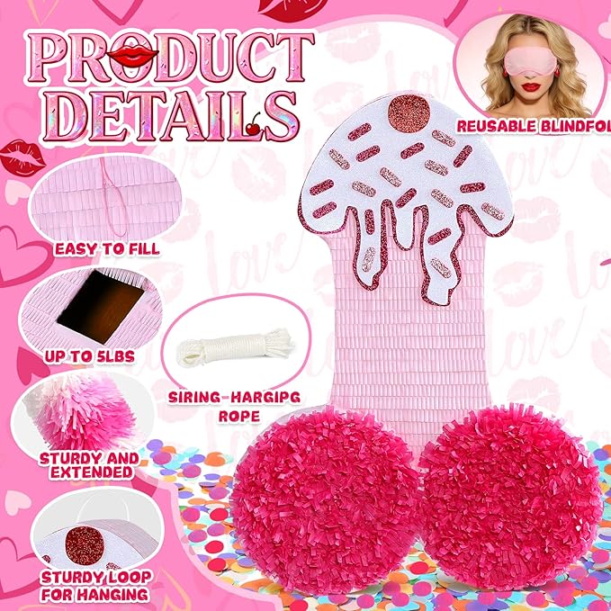 Pink Pinata for Bachelorette Party Decorations - Funny Lingerie Piñata for Bridal Shower, Hen Party, Breast Cancer Awareness Event, Girls Night Out - Includes Stick, Mask & Confetti