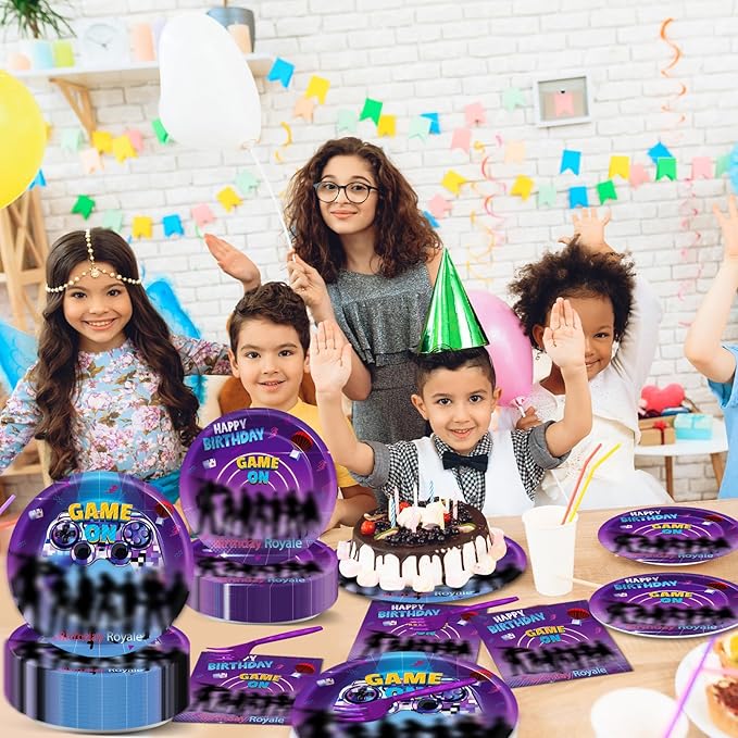 200Pcs Video Game Party Supplies Gaming Party Plates and Napkins Birthday Plates and Napkins for Royale Game Disposable Tableware Set Baby Shower Birthday Decor, 50 Guests