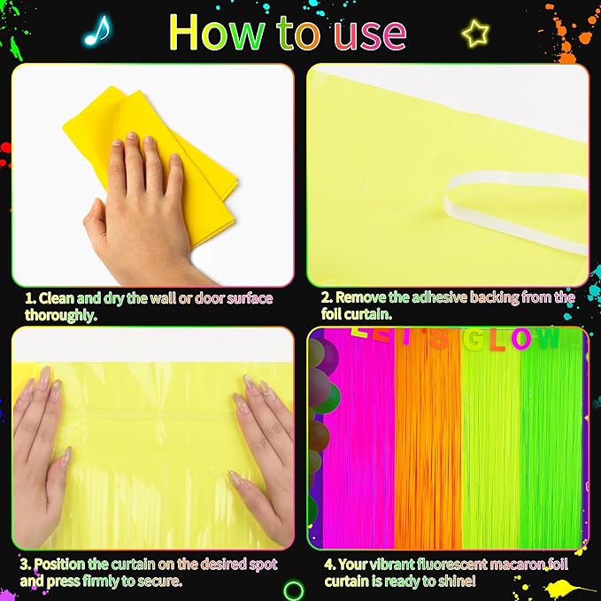 Glow in The Dark Tinsel Curtains 4 Pack - Neon Party Decorations 3.3x6.6ft UV Reactive Fluorescent Macaron Backdrop for Neon, Pride, Birthday Decor, Double Colors & Quantity, Pre-Taped, Waterproof