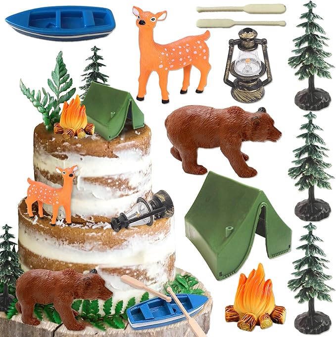 Camping Party Cupcake Toppers Tree Bear Tent Cupcake Picks Happy Camping Cake Decorations for Camping Party Supplies