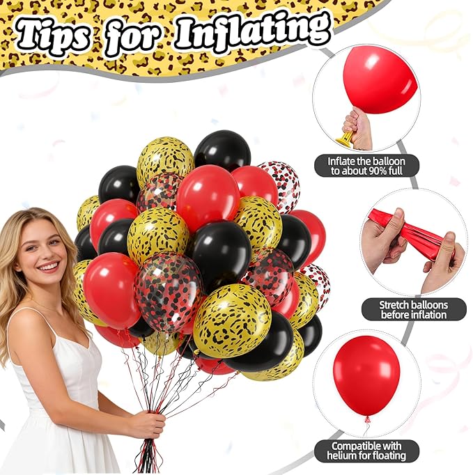 FunHot Leopard Balloons, 50 Pcs Black Red Balloon, Cheetah Printed Balloons, 12 Inch Red and Black Confetti Latex Helium Balloon for Birthday Zoo Themed Baby Shower Animal Leopard Party Decorations