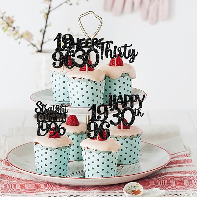 30PCS Black 30th Birthday Cupcake Toppers Glitter Thirty Happy 30th Straight Outta 1996 Cupcake Picks for Cheers to 30 Years 30th Birthday Wedding Anniversary Party Decoration Supplies