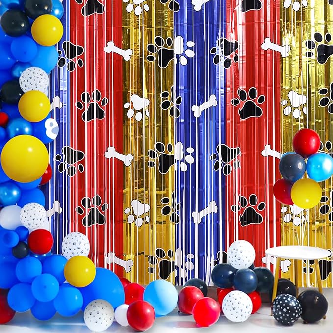 Playful Paw Party Decor Kit with 15 Balloons - 2 Pack 3.3x6.6ft Tinsel Fringe Curtains Backdrop, Paw Photo Booth Props, Animal Birthday Party Supplies for Kids & Boys Room Decor