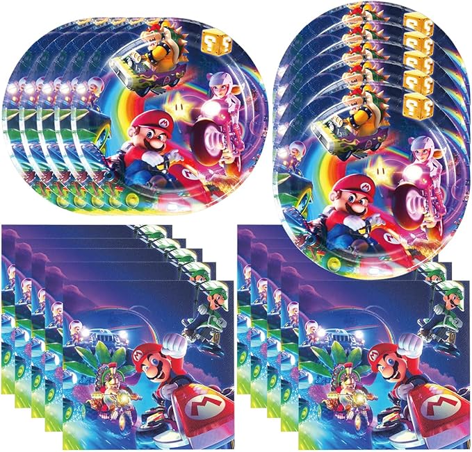 40Pack Mario Move birthday Party Supplies include 20 plates, 20 napkins for the Mario Move party Decoration