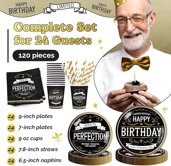 Aged to Perfection Birthday Decorations, 120Pcs Birthday Party Decorations for Men, Disposable Tableware Includes Paper Plates, Napkins, Cups and Straws | Serves 24