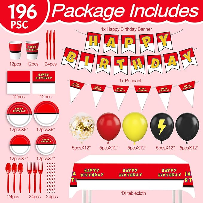 196Pcs Cartoon Animation Birthday Party Supplies Decorations for Birthday,Cartoon Theme Party Favors Including Banner, Plates, Cups, Napkins, Cutlery and Tablecloth for 24 Guests