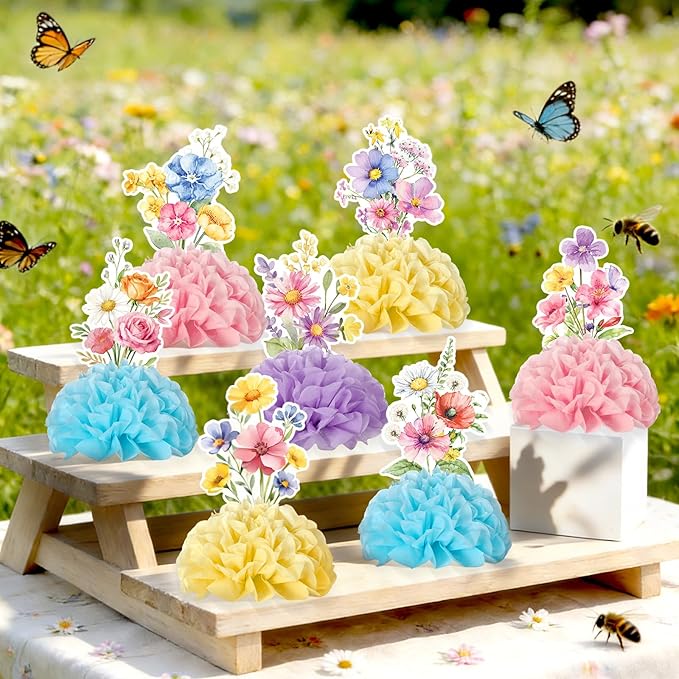 12Pcs Wildflowers Party Honeycomb Centerpieces Wildflower Spring Birthday Party Decorations Table Centerpieces Flower Birthday Paper Centerpieces for Wedding Baby Shower Supplies