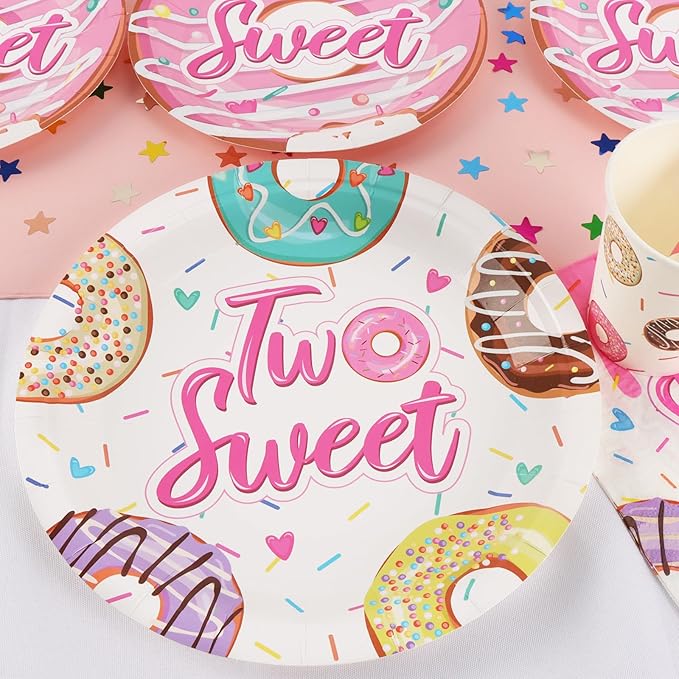 Two Sweet Donut Birthday Party Decorations, 120Pcs Donut Themed 2nd Birthday Donut Party Supplies Disposable and Delightful Tableware Includes Paper Plates, Napkins, Cups and Straws | Serves 24