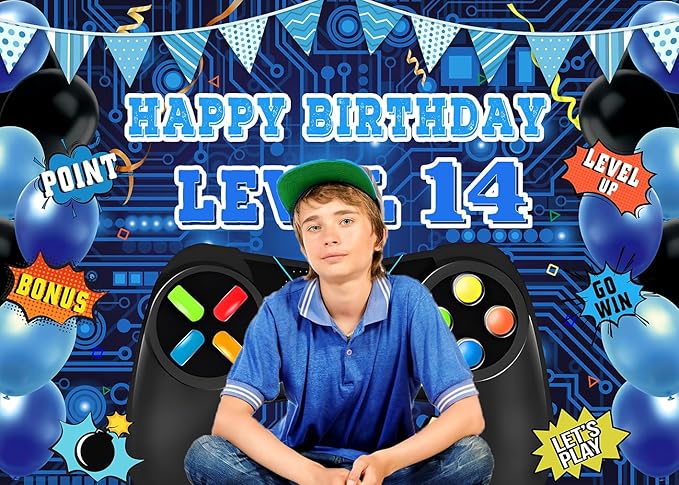 Game Theme Level 14 Birthday Backdrop Video Game Happy 14th Birthday Party Decorations Level Up Theme Boys Kids Birthday Party Supplies(7×5FT)