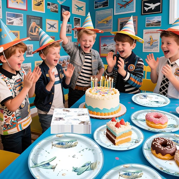 180Pcs Airplane Shower Party Supplies Paper Plates and Napkins Serve 60 Disposable Tableware Set for Birthday Party Decorations Game Day Family Holiday Sports Events