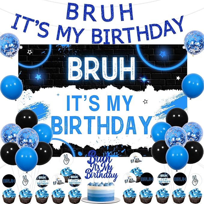 JOYMEMO Bruh It’s My Birthday Decorations Kit For Boy - Happy Birthday Bro Backdrop Banner, Bruh Cake topper and cupcake toppers, Blue and Black Teen Boy Birthday Party Supplies