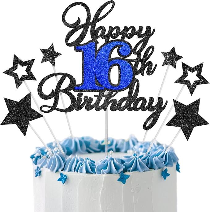 Happy 16th Birthday Cake Toppers, Black Blue Glitter Cake Decorations Set, 16th Birthday Decor, Birthday Anniversary Party Decorations Supplies