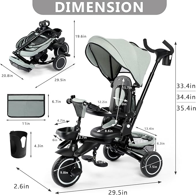 Kinder King Kids Tricycle, 8 in 1 Folding Toddler Trike w/Adjustable Push Handle, Rotatable Seat, Adjustable Canopy, Bell, Five-Point Harness, Storage, Toddler Bike for Age 1-3, Green