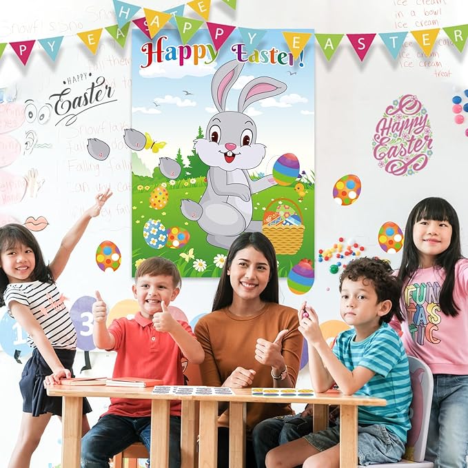 PLULON Easter Pin Game for Kids Pin The Tail on The Bunny Pin Easter Egg on Rabbit Stickers Large Poster Backdrop for Easter Decorations Family Classroom Activities Easter Egg Hunt Party Supplies