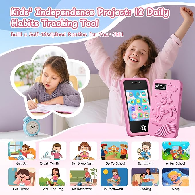 Kids Toy Smart Phone for 4-8 Year Old Boys Girls | Dual Camera, 14 Educational Games, Drop-Proof Fake Phone with MP3 Player & 16GB SD Card, Perfect Christmas Birthday Gift (Pink)