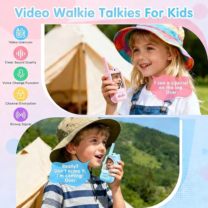 Kids Video Walkie Talkies 2 Pack, Rechargeable with HD Screen & 4 Voice Changers, Long Range Two-Way Radios Toys for Indoor-Outdoor Camping, Gifts for Boys Girls Ages 3-8 (Blue/Pink)