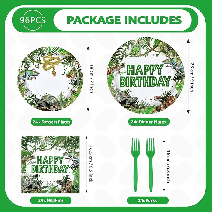 96Pcs Reptile Birthday Party Supplies Lizard Snake Turtle Birthday Party Plates and Napkins Green Reptile Wild Tableware Set for Tropical Wild Greenery Favors Serves 24