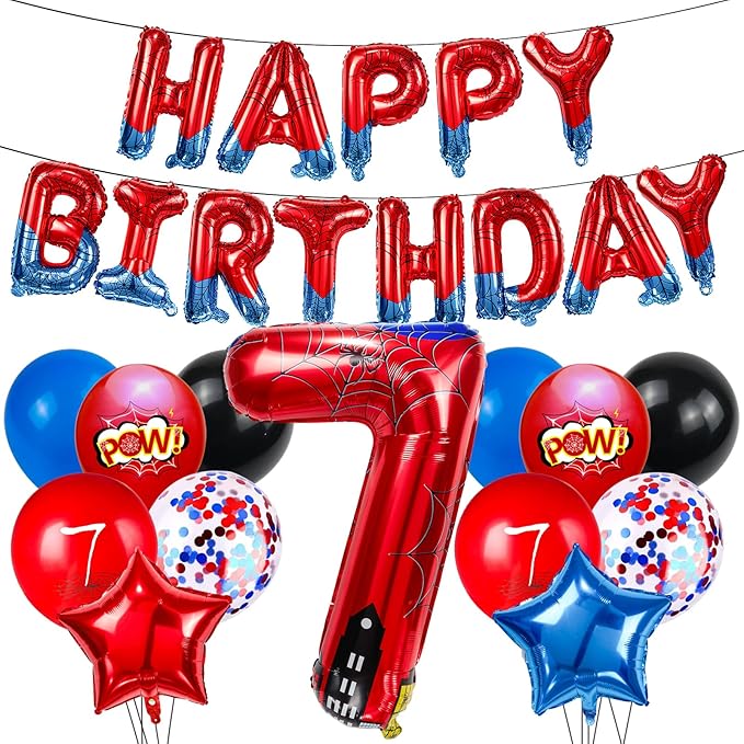 Cartoon Hero 40 Inch Red and Blue Spider Theme Number Foil Birthday Decoration Balloon, Spider Theme Happy Birthday Banner Party Decoration Balloon, Letter Logo Superhero Party Supplies (7)