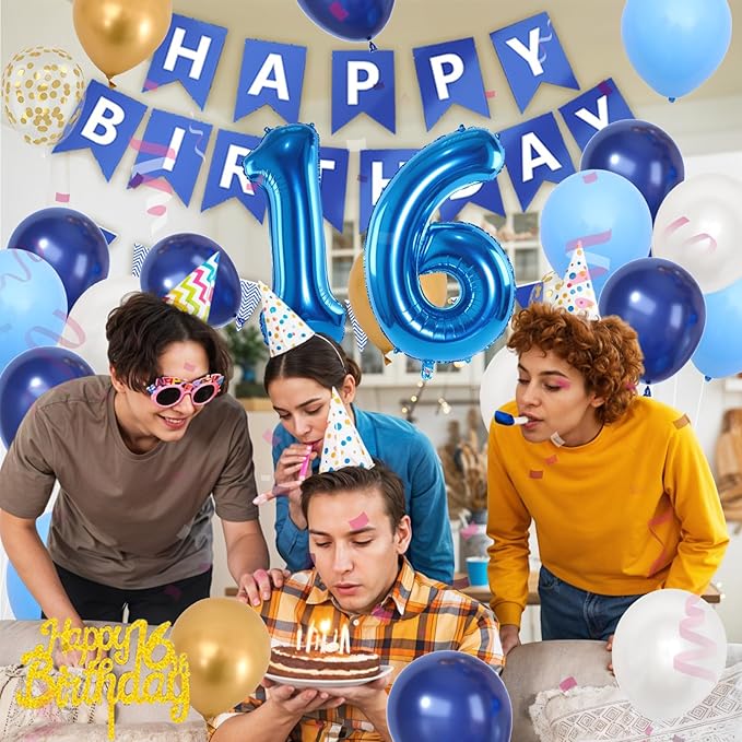 16th Birthday Decorations, Dark Happy Birthday Party Decorations With Number 16 Balloons Metallic Gold Pearl White Light Blue Fringe Curtain Banner Cake Topper For Boy Girl Party Supplies