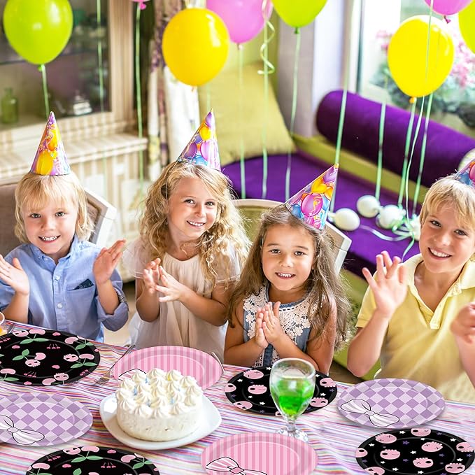48PCS Kawaii Party Decorations 7" Cute Anime Paper Plates Animations Theme Supplies Cartoon Dessert Tableware Set Adorable Pink Purple Disposable Cake Plates for Kids Baby Shower Birthday Party Favor