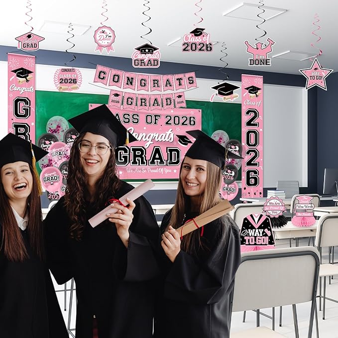 Graduation Decorations Class of 2026 Pink Graduation Party Decor Set include Congrats Grad Banner Backdrop Class of 2026 Balloons Party Supplies