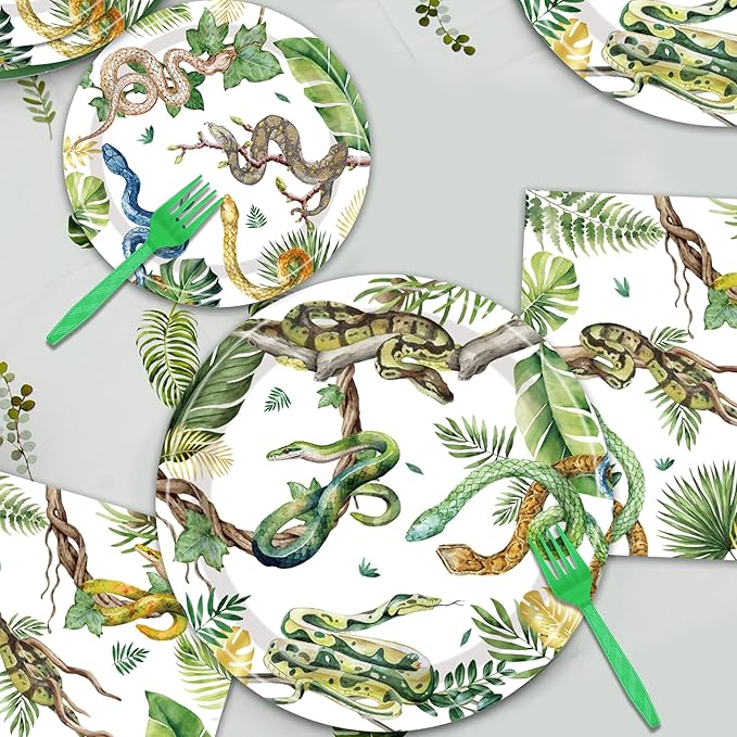Reptile Snake Birthday Party Decorations - 96 PCS Snake Plates and Napkins Party Supplies Jungle Wildlife Wilderness Reptile Snake Disposable Tableware Set Serve 24 Guests