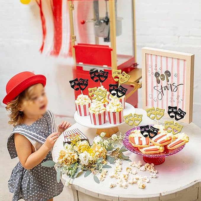 24 PCS Theatrical Mask Cupcake Toppers Glitter Comedy Movie Night Cupcake Picks for Film Festival Theme Birthday Party Cake Decorations Supplies Black Gold