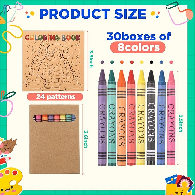 30 Sets 24 Pages Christmas Mini Coloring Books with 8 Colors Crayons Bulk, Christmas Goodie Bag Stocking Stuffers for Party Favors Activities DIY Craft Gift