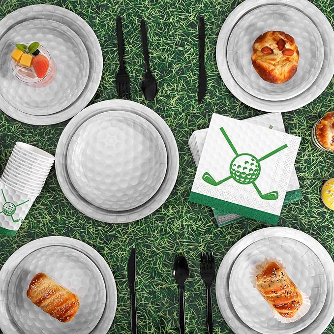 Durony 169-Piece Golf Party Supplies - Green Grass Field Tablecloth, 48 Dessert Plates, 24 Paper Cups, 24 Napkins, 24 Knives, Forks & Spoons - Disposable Golf Tableware Set