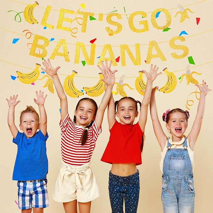 Clabby Pre Strung Banana Birthday Decorations Let's Go Bananas Letter Banner Gold Glitter Fruit Theme Banner for Fruit Birthday Party Baby Shower Supplies