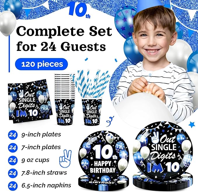 10th Birthday Decorations for Boys, 10 Year Old Boy Birthday Decorations Party Supplies, 120Pcs Double Digits Happy 10th Birthday Includes Paper Plates, Napkins, Cups and Straws | Serves 24