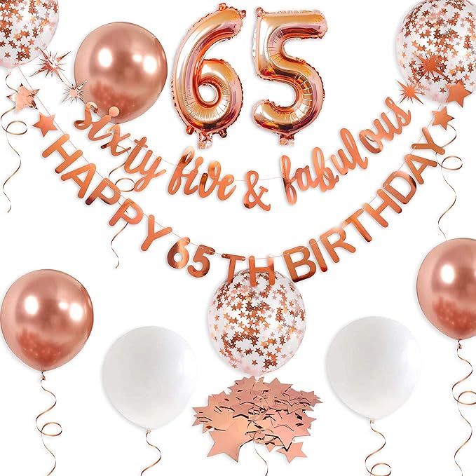 Rose Gold Sixty Five Fabulous Happy 65th Birthday Banner Garland Foil Balloon 65 for Women's 65th Decorations Hanging Cheers to 65 Years Old Party Supplies Backdrop