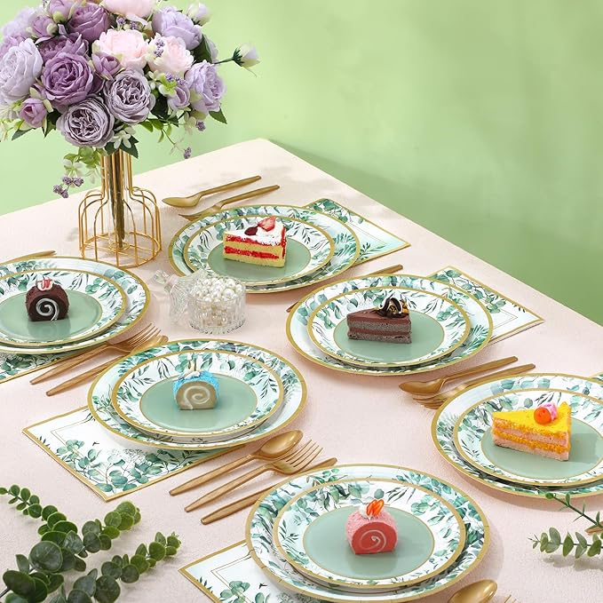 350 Pcs Tea Party Supplies Spring Summer Sage Green Tableware Set Disposable Plates Napkins Paper Cups Plastic Cutlery Set for Birthday Bridal Baby Shower Serves 50