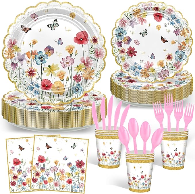 Avezano 168 PCS Wildflower Party Decorations Spring Floral Butterfly Plates Napkin Tableware Set for Girls Wildflower Birthday Baby Shower Supplies, Serves 24